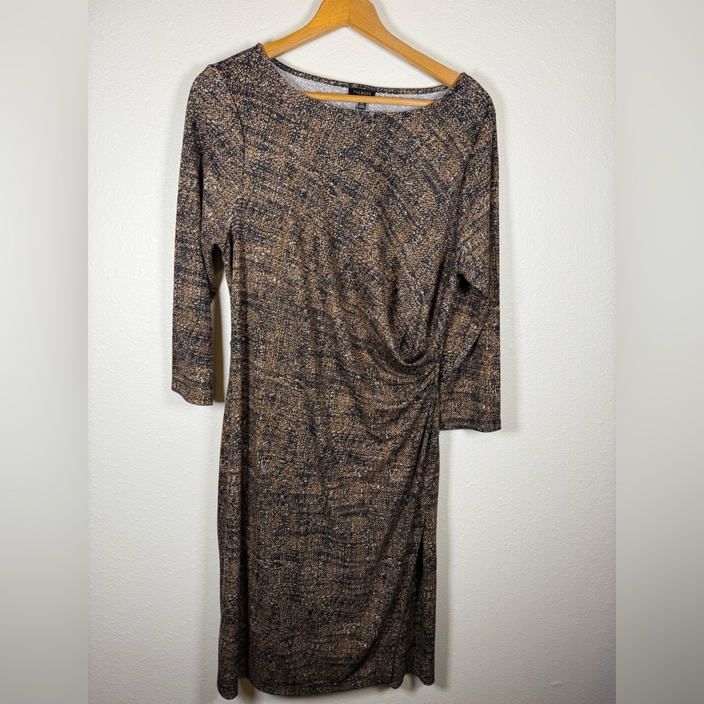 Talbots Faux Wrap Dress Brown and Black XL Stretchy Boat Neck Office Career NWT